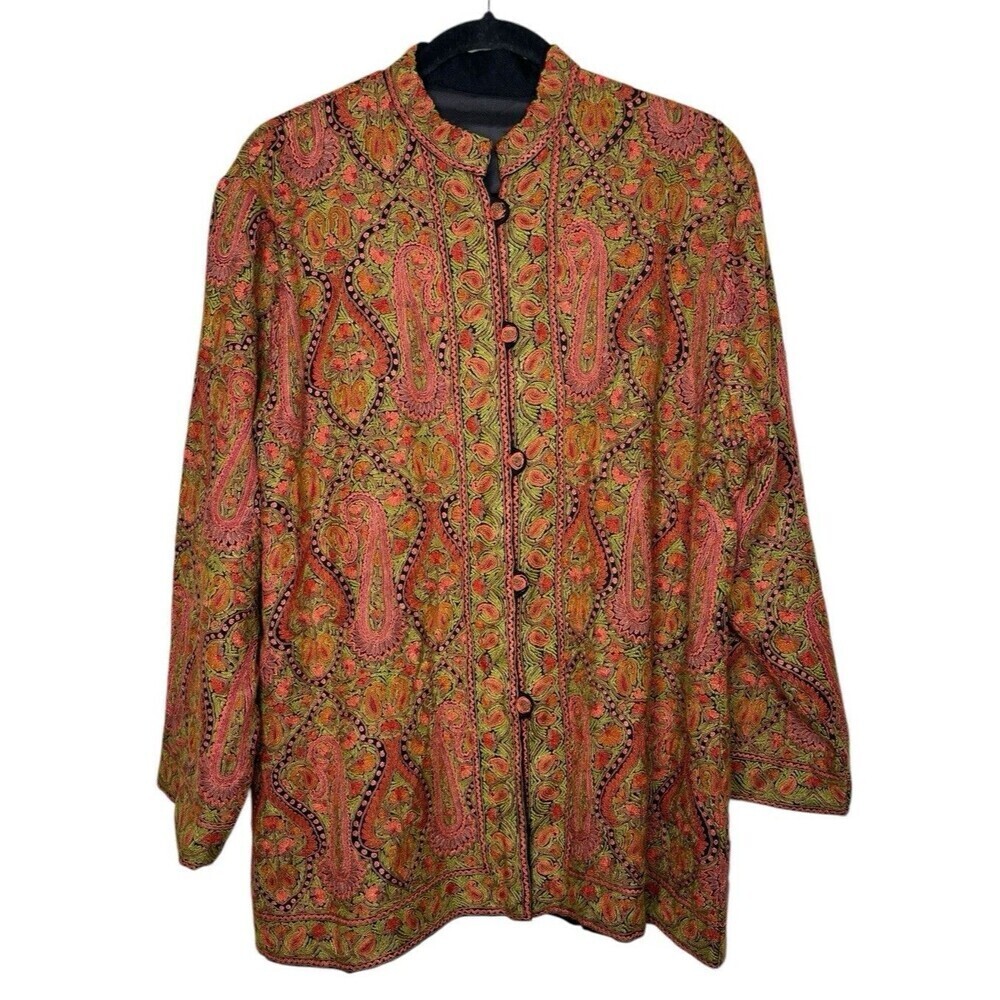 Vintage Kashmiri Womens Embroidered Jacket Boho Hippie Chic Paisley Multicolor